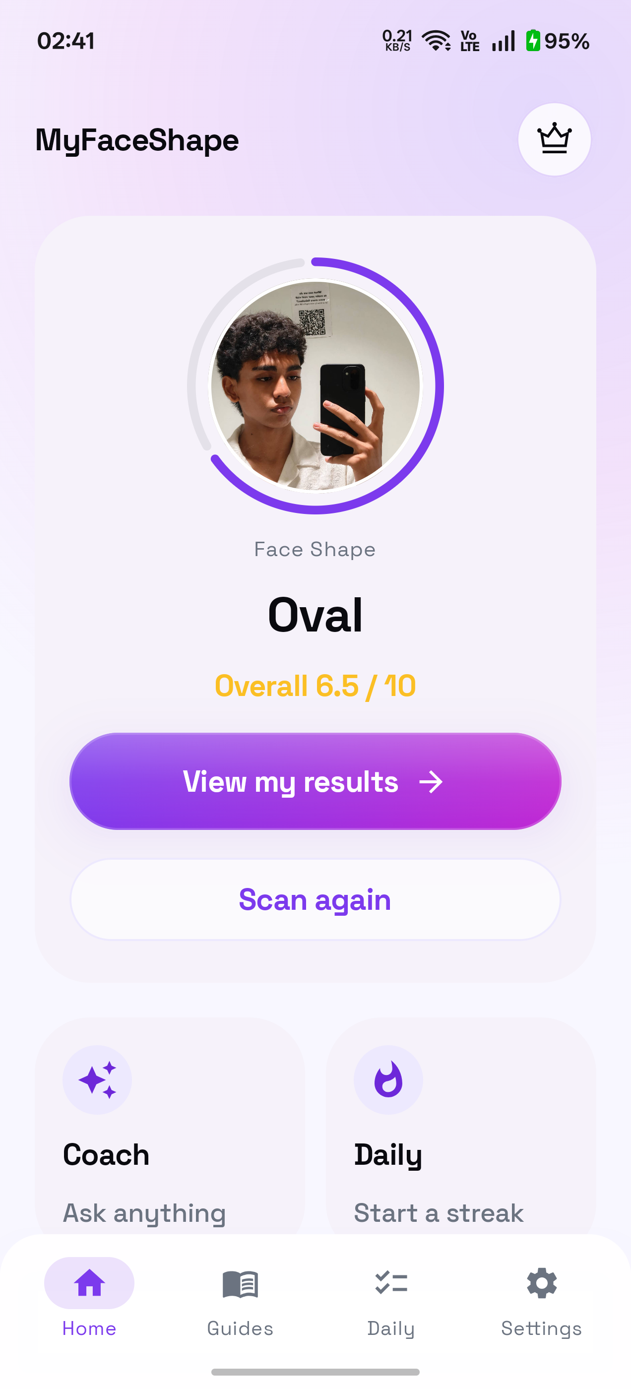 MyFaceShape home screen with face shape scan card